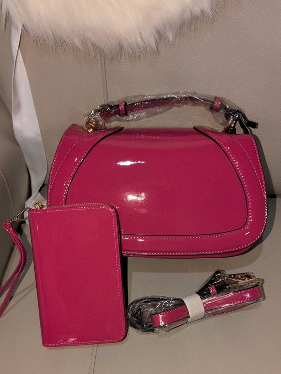 Fan Fashion Handbags - Hot Pink Patent Leather Top-Handle Bag with Wristlet And Crossbody Strap